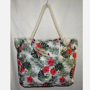 Large Rope Handle Tote Hibiscus Butterfly Palm Print Beach Pool Travel
